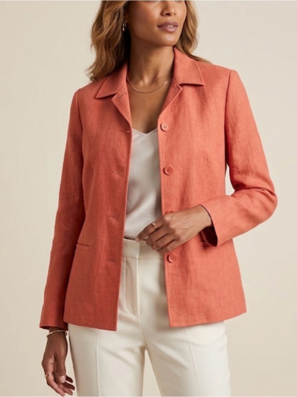 Land’s End Women’s Regular Button Down Linen
Blend Blazer Orange/Pink Size 6